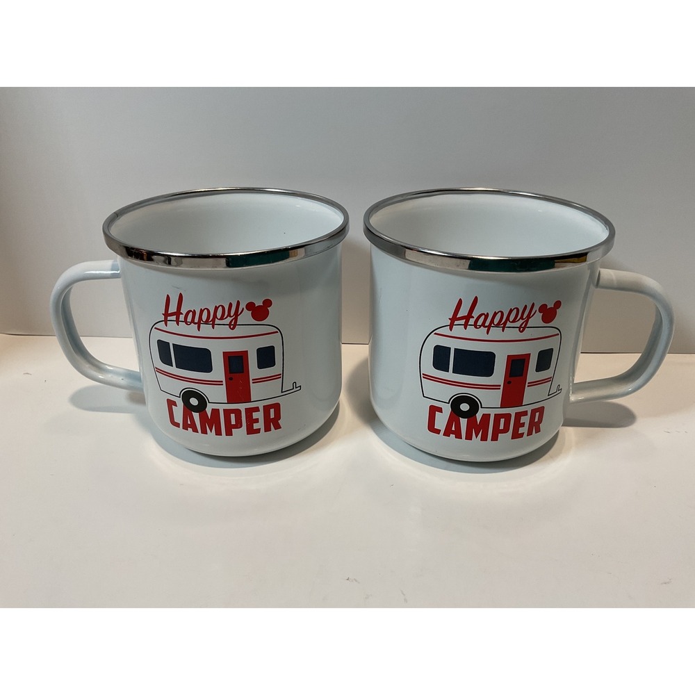 Disney‎ Happy Camper Enamel Mugs Set of 2 White Red Retro RV Mickey Mouse Target